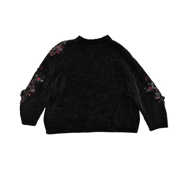 Zara Black Chenille Embellished Sweater Women’s M Beaded Sequin Velvet Floral - Picture 7 of 10